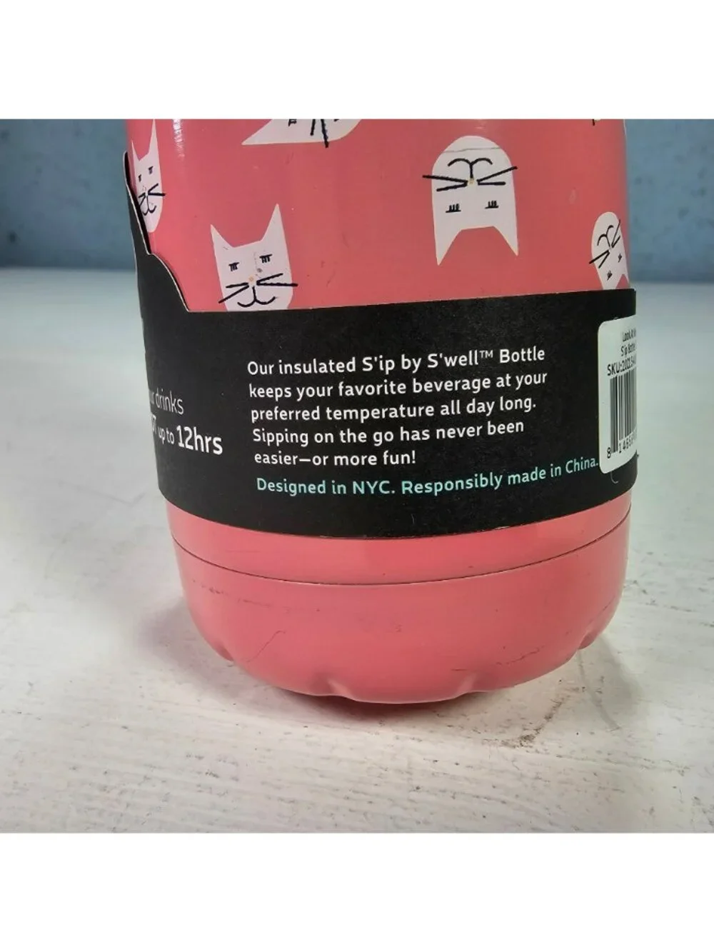 Sip By Swell 15oz Insulated Stainless Steel Water Bottle Pink Cat Kitten Print